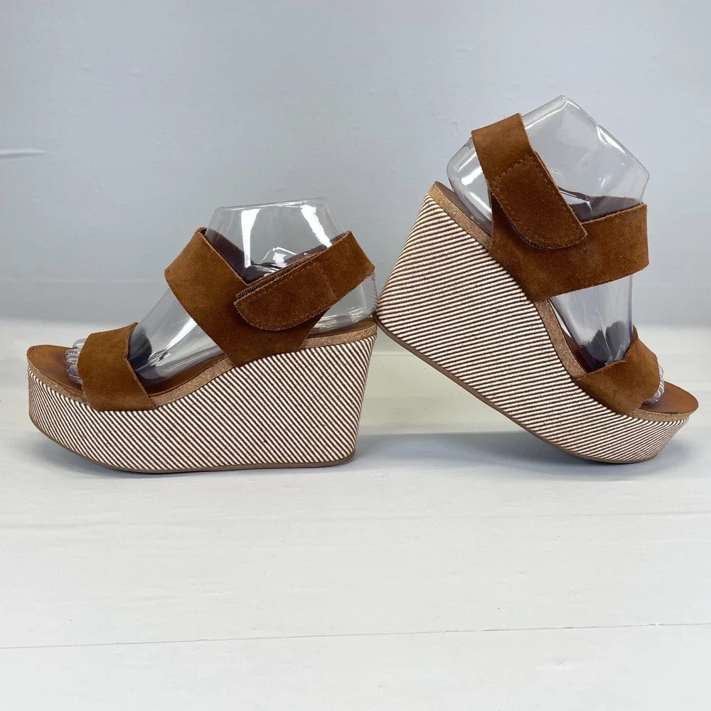 Pedro Garcia Platform Wedge Sandals Womens Size 37 US 7 Brown Suede Strap Shoes
